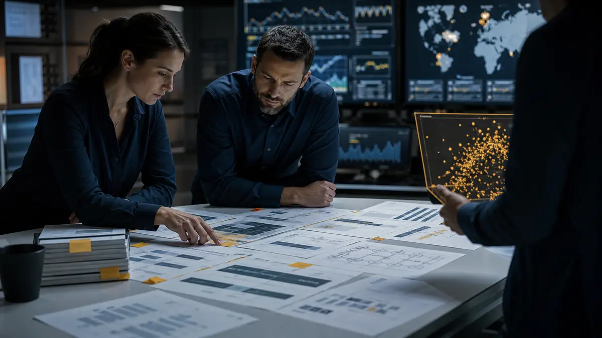 Analysts comparing source records and measured evidence in an AI audit workspace