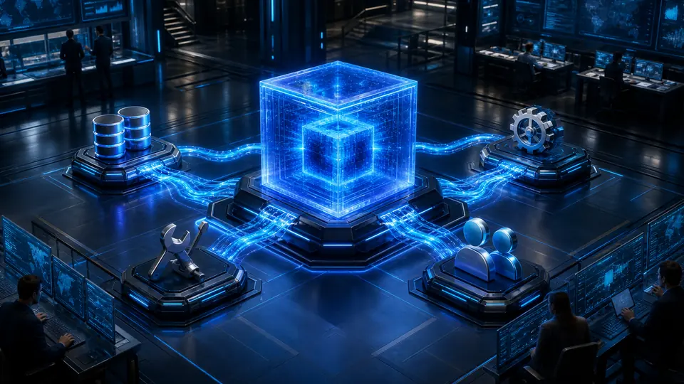 A purpose-built AI system assembled inside a luminous engineering chamber